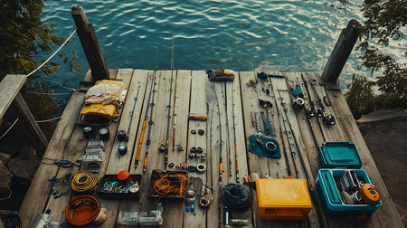 An organized display of fishing gear prepares for a perfect day on the lake.の素材