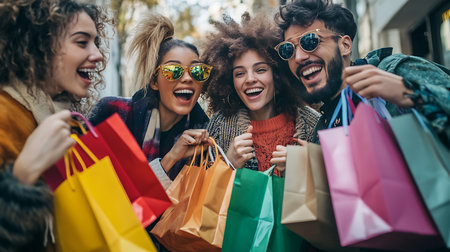A lively group of friends enjoying a day of shopping together showcasing their excitement and friendship.の素材