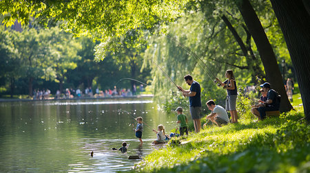 Families enjoy quality time fishing by the lakeside in a vibrant park.の素材