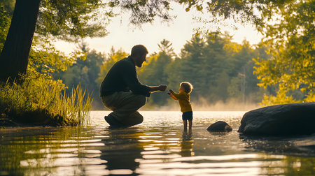 A heartwarming moment of a father and child enjoying a tranquil lakeside experience at sunset.の素材
