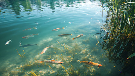 A vibrant scene of various fish gliding through a serene lake showcasing nature's beauty.の素材