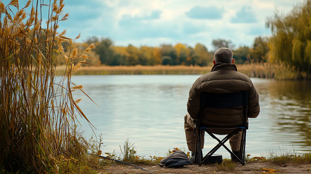 A man finds peace fishing by a serene lake surrounded by autumn colors.の素材