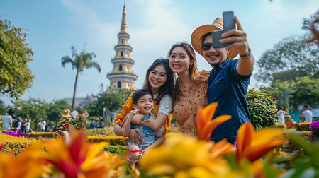 A joyful family captures a moment amidst blooming flowers at a vibrant festival.の素材