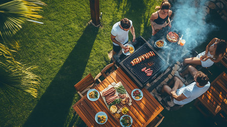 Friends enjoy a lively barbecue gathering in a sunlit backyard sharing delicious food and laughter.の素材