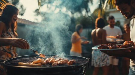 A vibrant summer barbecue featuring friends enjoying delicious grilled food in a lively backyard setting.の素材