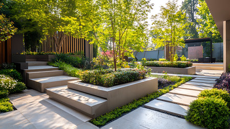 A beautiful garden showcases modern landscaping with serene pathways and lush greenery.の素材