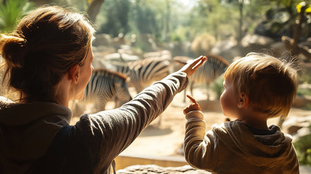 A mother and her child share a magical moment observing tigers fostering curiosity and joy.の素材