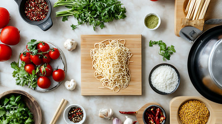 Discover the artistry of homemade pasta with fresh ingredients prepared in a cozy kitchen.の素材