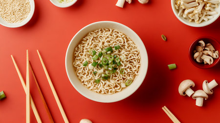 Explore the vibrant presentation of savory instant noodles adorned with fresh toppings.の素材