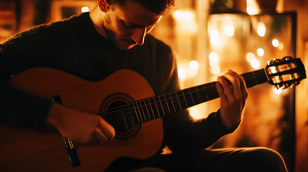 A musician finds solace in strumming melodies under soft glowing lights.の素材