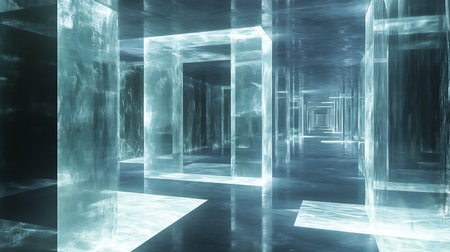 Explore a mesmerizing corridor filled with glass structures in a virtual realm.の素材