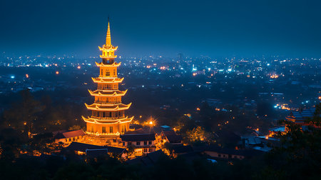 A stunning pagoda stands aglow against the night skyline showcasing Vietnam's rich architectural heritage.の素材