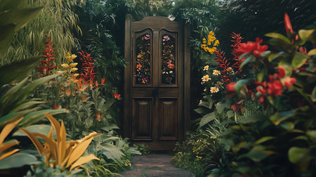 A stunning view of a vibrant garden pathway leading to a mysterious door covered in flowers.の素材