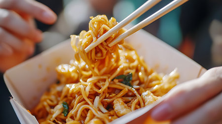 Savor the rich flavors of street noodles enjoyed in a bustling market environment.の素材