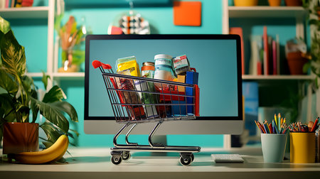 A shopping cart filled with groceries sits on a desk blending digital life and everyday shopping.の素材