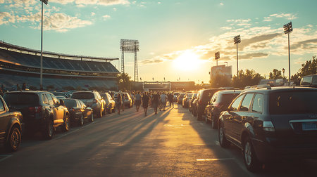 Crowds gather in a vibrant parking lot as the sun sets creating an electrifying game day vibe.の素材