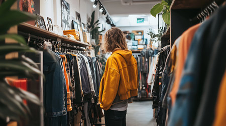 A person enjoys browsing through stylish clothes in a vibrant urban clothing store.の素材
