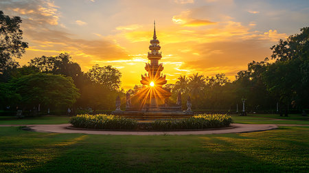 Experience the serene beauty of a sunset illuminating a stunning pagoda in a tranquil garden.の素材