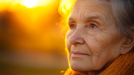 An elderly woman gazes thoughtfully at the sunset embodying peace and wisdom.の素材