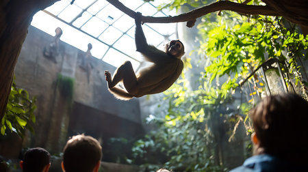 A playful monkey swings gracefully delighting visitors in a vibrant zoo setting.の素材