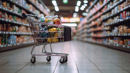 A shopping cart filled with colorful groceries sits in a bright supermarket aisle.の素材