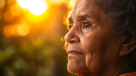 An elderly woman gazes thoughtfully into the sunset embodying wisdom and grace.の素材