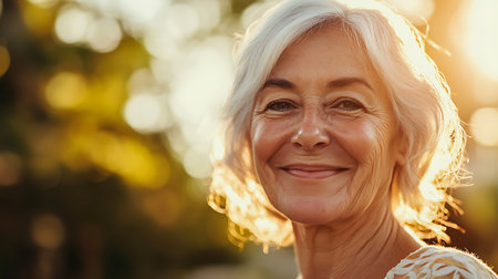 This image captures a joyful elderly woman smiling warmly in a sunlit garden embodying positivity and wisdom.の素材