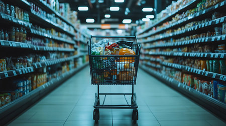 A shopping cart brimming with groceries in a vibrant supermarket aisle.の素材