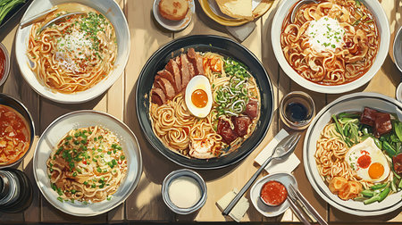 Explore a vibrant array of noodle dishes showcasing flavors and textures in a cozy kitchen setting.の素材
