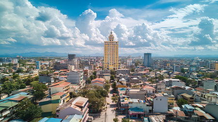 A stunning aerial view captures the vibrant city skyline showcasing modern architecture against a dramatic sky.の素材