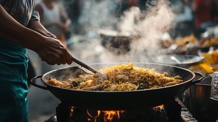 A chef skillfully stirs steaming noodles in a bustling market showcasing vibrant street food culture.の素材