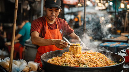 Experience the vibrant world of street food as a chef skillfully prepares delicious noodles in a bustling market.の素材