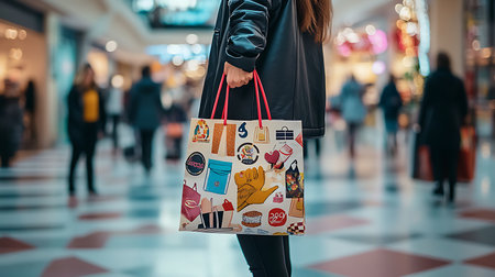 A woman holds a vibrant shopping bag in a bustling mall capturing the essence of modern retail therapy.の素材