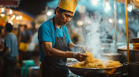 A chef skillfully prepares steaming noodles at a lively night market showcasing culinary culture.の素材