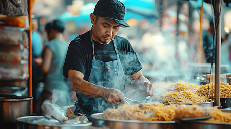A dedicated vendor expertly prepares fresh noodles amidst the lively market atmosphere.の素材