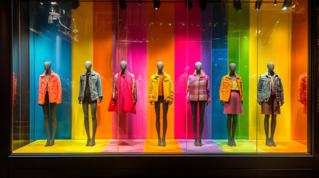 A stunning window display featuring colorful garments that attract shoppersattention.の素材