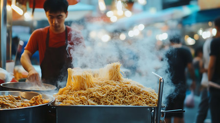 A vibrant night market features a street food stall serving steaming noodles attracting hungry customers.の素材