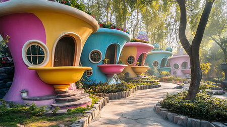 Explore a magical garden filled with vibrant whimsical houses bathed in morning light.の素材
