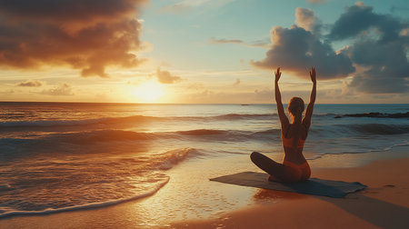 A peaceful scene of a person practicing yoga at sunset on a beach embodying tranquility.の素材