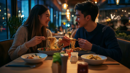A couple shares a joyful moment over dinner enjoying delicious food and each other's company in a cozy setting.の素材