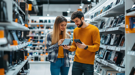 A young couple engages in a lively discussion while shopping for devices in a technology store.の素材