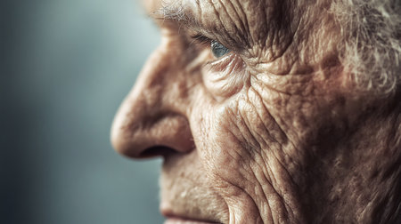 A close-up portrait capturing the wisdom and resilience etched in an elderly man's face.の素材