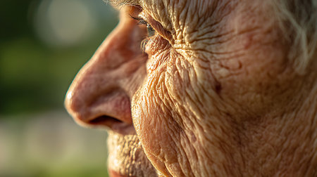 An intimate close-up of an elderly woman's face reflecting wisdom and life's journey.の素材