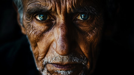 A striking close-up of a wise elderly man's face showcasing deep emotions and life experiences.の素材