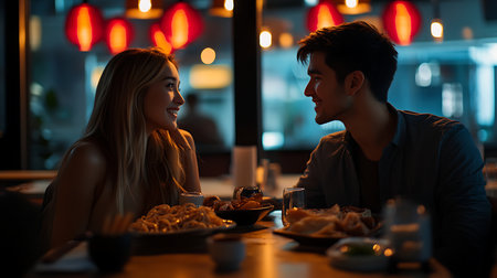 A couple shares a warm moment over dinner captured in an intimate restaurant setting.の素材