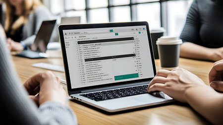 A focused team collaborates in a modern office enhancing productivity through digital tools.の素材