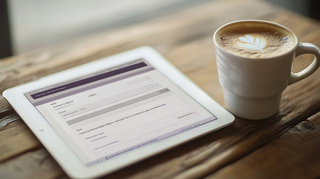 Explore a cozy scene featuring a tablet and coffee perfect for creativity and digital productivity.の素材