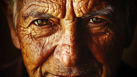 A striking close-up portrait capturing the wisdom and character of an elderly man showcasing his life experiences.の素材