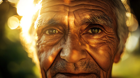 A close-up portrait of an elderly man captured in natural light showcasing his life experiences.の素材