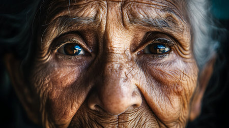 An intimate close-up captures the wisdom and emotion etched in the face of an elderly woman.の素材